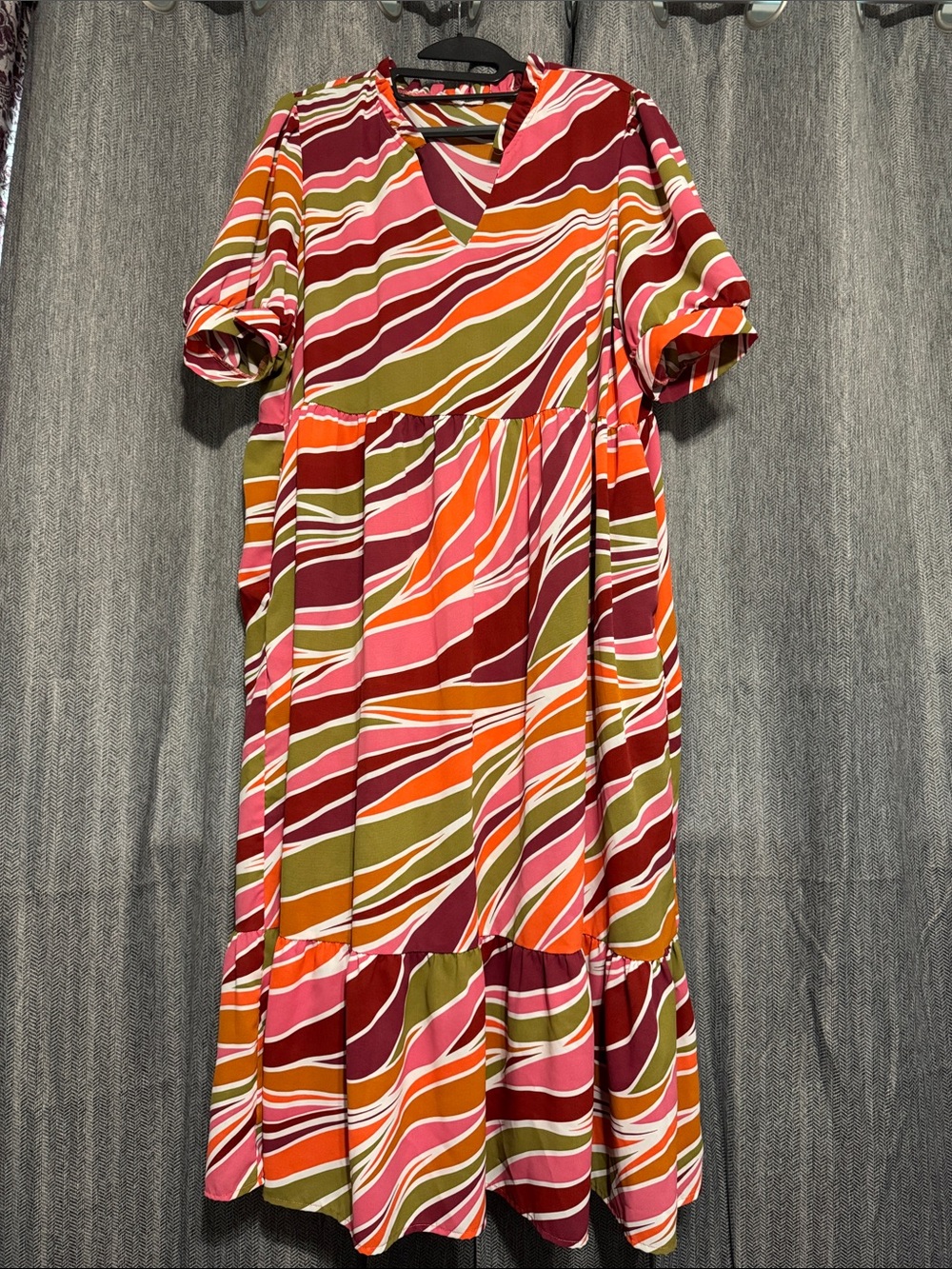 Striped V-Neck Midi Dress in Pink Multi